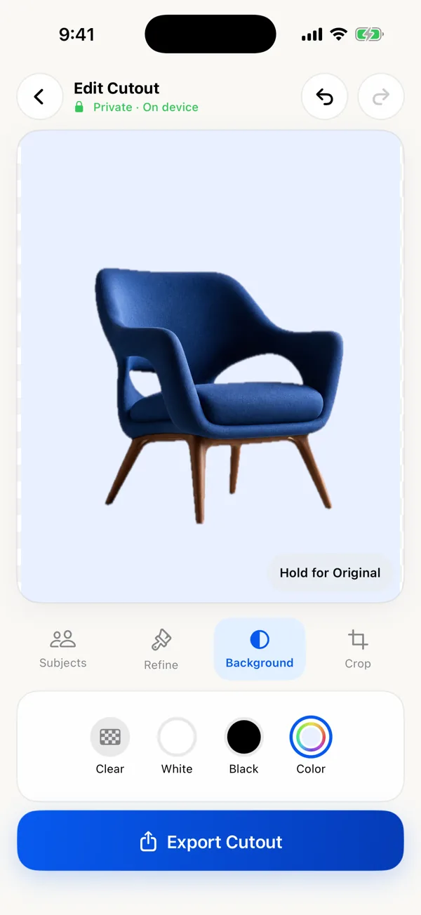 Background panel with Clear, White, Black, and Color options behind a blue chair